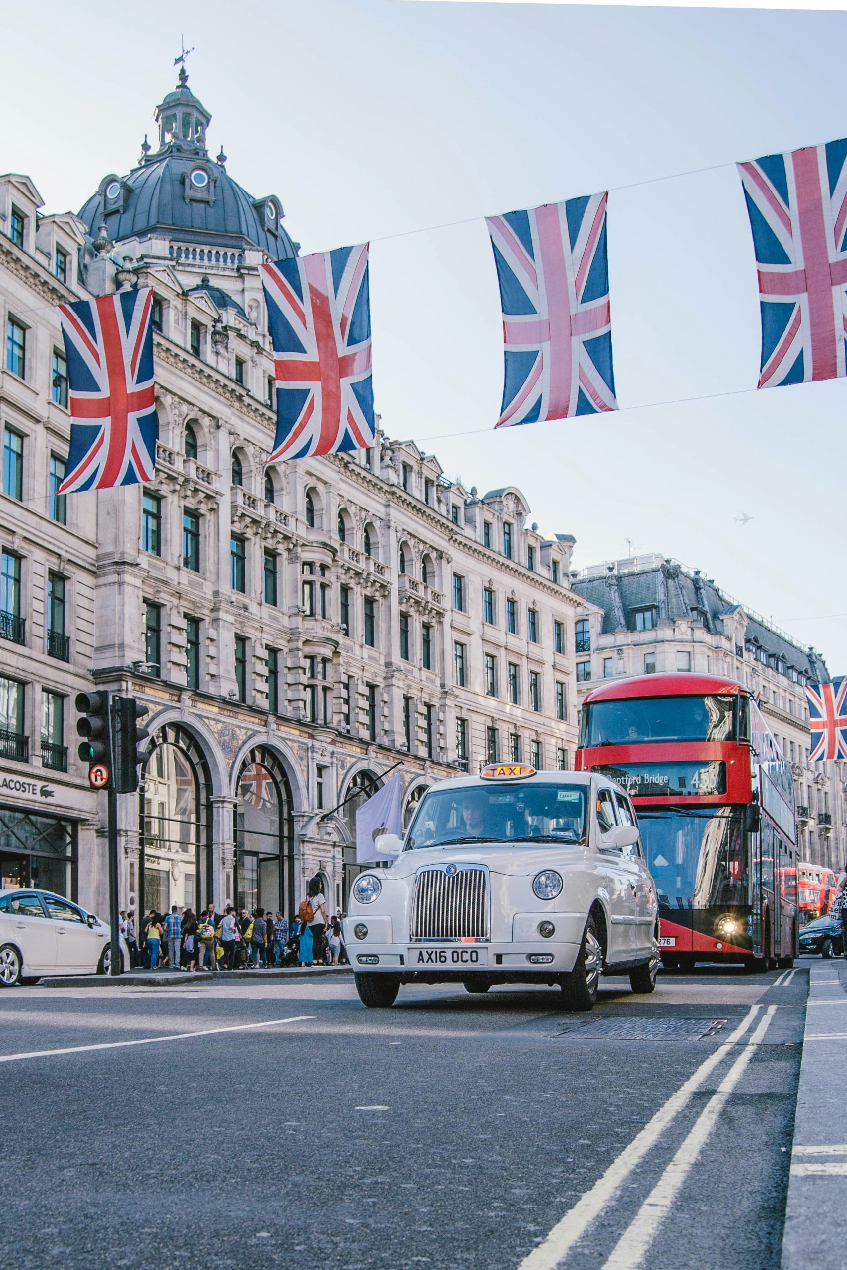 Street view in London with a red bus